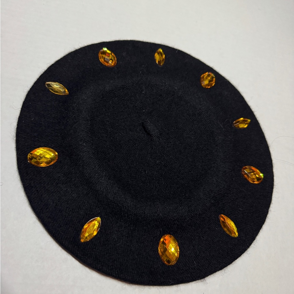 Embellished Black Beret with Gold Accents